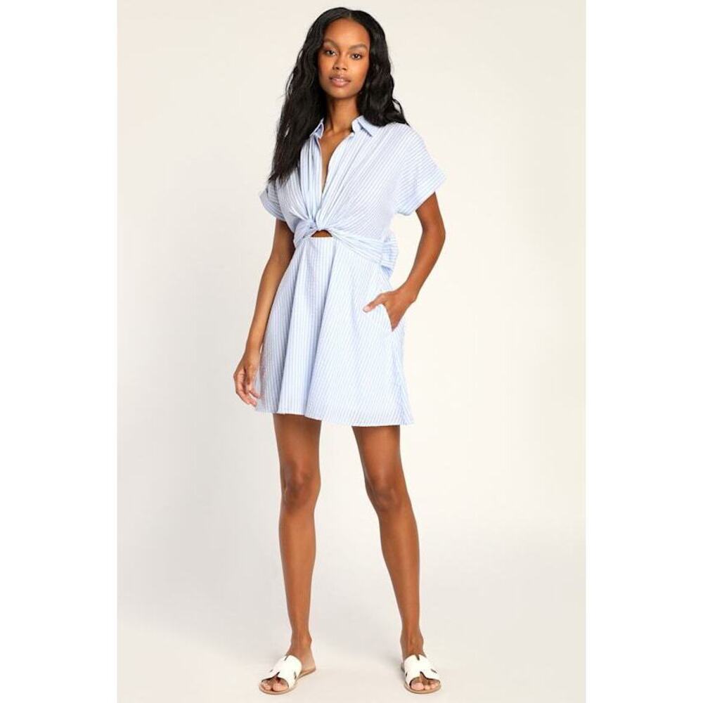 Lulus Breeze By Blue Seersucker Tie-front Mini Dress With Pockets - Size S
